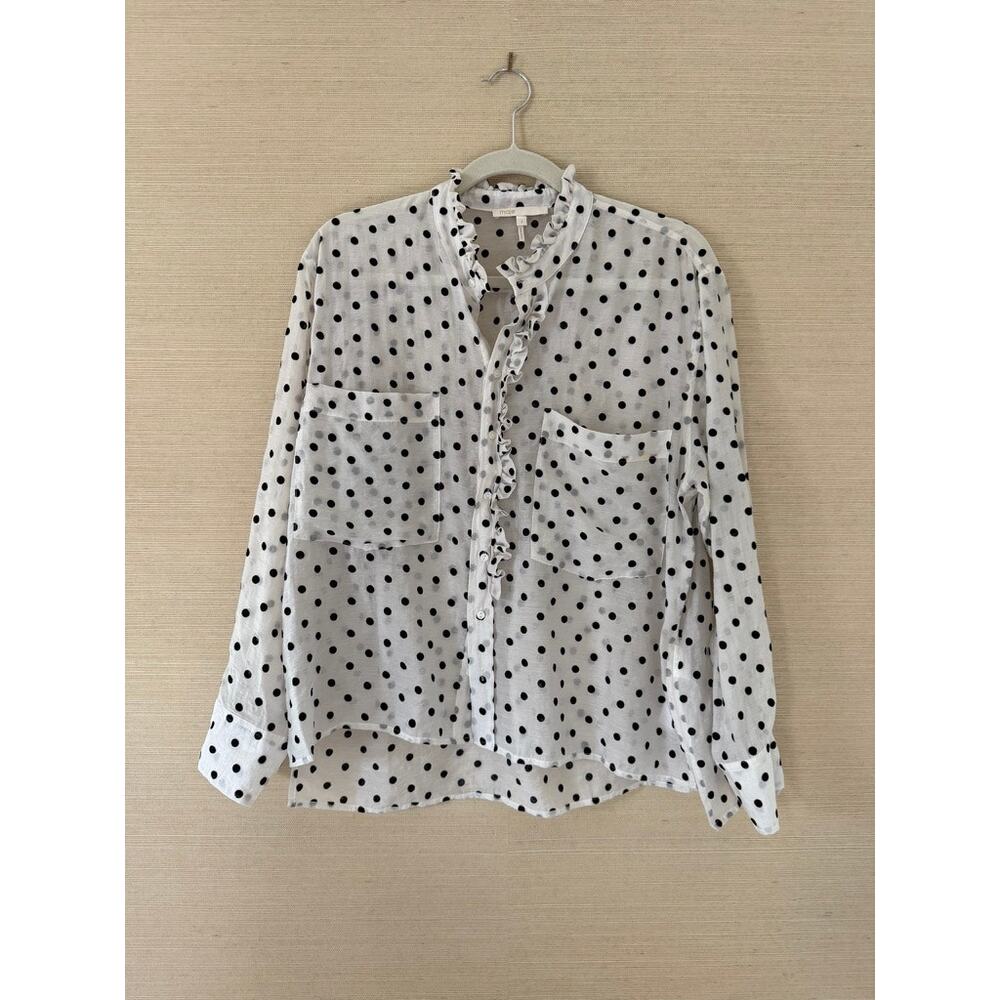 Maje White Polka Dot Flocked Lyocell Ruffle Blouse – Size S